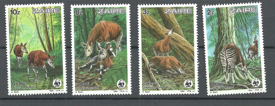 Zaire 1984 MNH WWF Okapi – 4 Mint Stamps – MI#1168–1171 – Fauna CV €12 - Image 1 of 1
