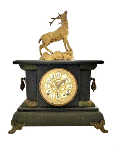 Clock Mechanical Mantle with Deer Stag Figurine on Top Old Vintage Decor Cover