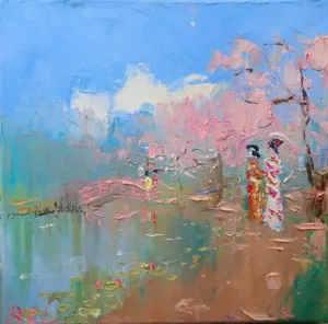 Impressionist Oil Painting Canvas ROBERT E LEACH JAPANESE GEISHA A 12" X 12" - Picture 1 of 2
