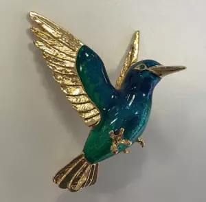 fashion brooch, blue and gold coloured bird, Humming bird - Picture 1 of 2