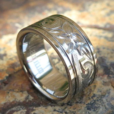 Genuine Hawaiian Jewelry Titanium Thick Scrolling Wedding Ring Band 10mm TIR1051 - Image 1 of 4