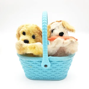Japanese Wind Up Little Puppy Dogs Kissing / Eating Blue Basket 1960s Toy VTG - Picture 1 of 11