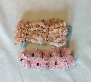 Rutilated Angel Hair Quartz And Rose Quartz Stretch Bracelet Set Pink Yellow - Picture 1 of 13
