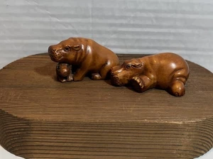 Signiertes japanisches Buchsbaum Nilpferd Netsuke Paar Ishikawa & Ikematsu Schnitzer, 2 Zoll - Bild 1 von 15