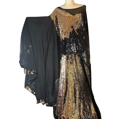 Vestido maxi drag queen dourado preto lantejoulas Kaftan manga transparente fluido roupa de noite - Imagem 1 de 4
