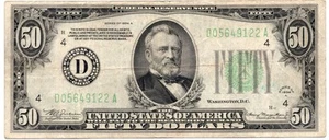 Series 1934 A Fifty Dollar Federal Reserve Note $50 Bill-122 - Picture 1 of 2