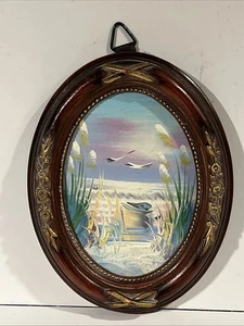 Vintage Mini Painting, Coastal/Beach Scene, Oval Frame, 4.5”x3.5”, Pretty! - Picture 1 of 5