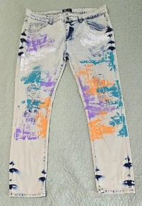 Road Narrows Jeans Men's 38x31 Graffiti Paint Distressed Straight Leg Hip Hop - Picture 1 of 5