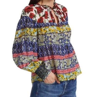 Blusa Top Campesina Bohemia Mujer Alice + Olivia Marlyn Estampado Floral Mezcla Seda Foto 1 de 4