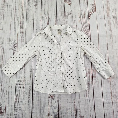 Blusa clásica para mujer Anne Klein blanca a lunares manga 3/4 abotonada S Foto 1 de 4