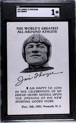 1951 Modell's Postcard Jim Thorpe SGC 1 **All Time Great** Very Rare Postcard Ba - Image 1 of 2