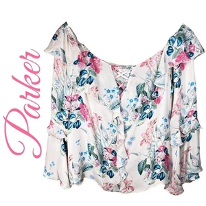 PARKER ERIN BOHEMIAN SCHULTERFREIE BLUSE AUS 100 % SEIDE MIT RÜSCHEN UND BLUMENMUSTER, LARGE - Bild 1 von 11