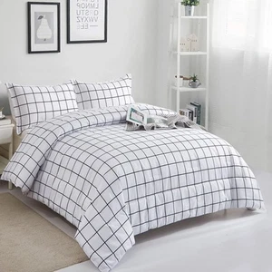 White Plaid Comforter Sets Queen Size White and Black Buffalo Checker Grid Be... - Picture 1 of 7