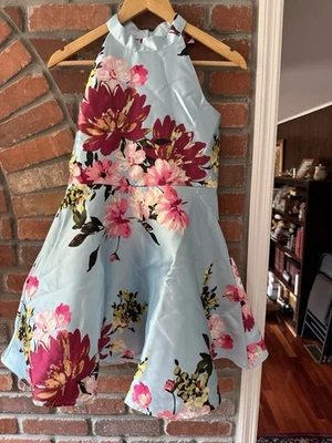 Pink & Violet Girls 14 Blue Floral Fit & Flare Dress Bow Back Holiday Party $84 - Image 1 of 4