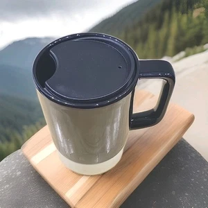 Starbucks Ceramic Tumbler Cup Travel Mug - w/ Plastic Lid New 14 oz. BLACK/OFF W - Picture 1 of 2