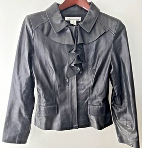 OSCAR DE LA RENTA Women Black Lambskin Jacket sz 8 Silk Lining Front Frill Zip - Picture 1 of 12