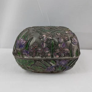 Vintage Cloisonne Floral Bees Butterflies Trinket Jewelry Box Green Enamel - Picture 1 of 13