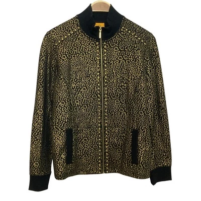 NWT Ruby Rd. Show Your Spots Leopard Print Black Gold Studded Bomber Jacket - Image 1 of 4