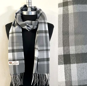 New 100% CASHMERE Scarf Plaid Gray /Silver Winter Warm Soft Wool Made In England - Picture 1 of 3