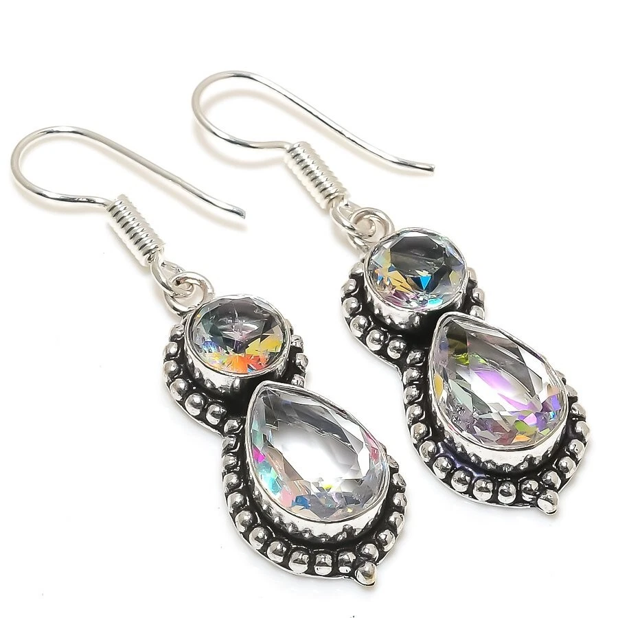 Pendiente de plata de ley 925 hecho a mano con piedras preciosas de topacio blanco tamaño 1,90"" Foto 1 de 1