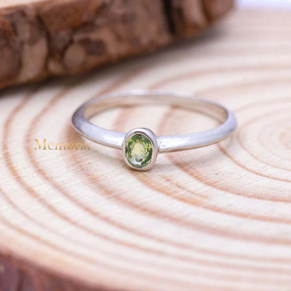 Verde Naturale Zaffiro Anello 925 Argento Massiccio Minimalista Gioielli Regalo - Immagine 1 di 1