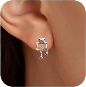 925 Silver Frog Earrings Cute Animal Stud Dangles for Women, Ethnic Jewelry - Picture 1 of 12