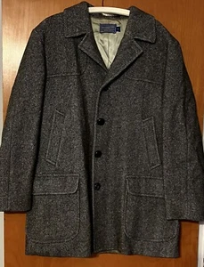 Vtg Pendleton Gray/Black Tweed Herringbone Car Coat Wool Blazer Jacket Size 46 - Picture 1 of 8