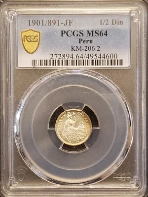 1901/891 JF Peru Half Dinero 1/2 Din Silver KM-206.2 PCGS MS64 4600 - Image 1 of 4