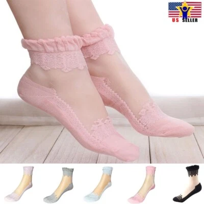 1 pair Women Lace Ruffle Frill Sheer Transparent Silk Elastic Mesh Ankle Socks - Image 1 of 4