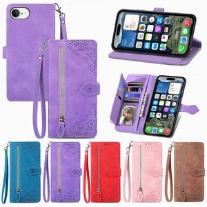 For iPhone 16e 16 Pro Max 15 14 13 Flip PU Leather Zipper Wallet Card Slots Case - Picture 1 of 33