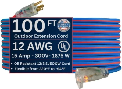 US Wire 99100 12/3 100-Foot SJEOW TPE Extreme Weather Extension Cord Blue with L - Image 1 of 4