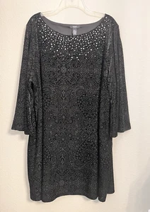 Alfani Dress Women 3X Black Velvet 3/4 Sleeves Embellished Semi Sheer Lined - Picture 1 of 19
