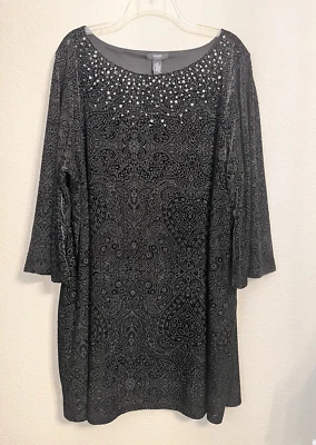 Alfani Dress Women 3X Black Velvet 3/4 Sleeves Embellished Semi Sheer Lined - Image 1 of 4