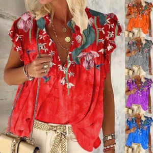 Women's New Summer V-Neck Loose Fashion Printed Short-Sleeved T-Shirt Top - Picture 1 of 46