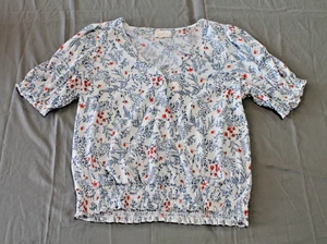 Melloday Puffärmel gesmoktes Blusentop blau rot Blumen Größe M Rüschen - Bild 1 von 11