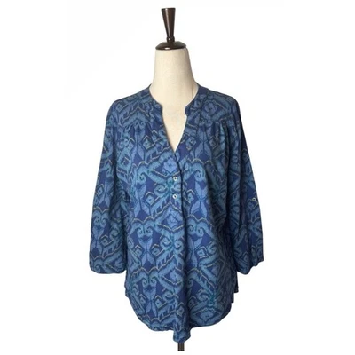 Camisa Blusa túnica estampado Ikat azul grande Fresh Produce para mujer Preppy Boho Cottage Foto 1 de 4