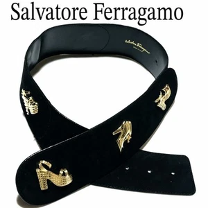 Salvatore Ferragamo West Belt Leather Women Gold Logo Black From Japan - Picture 1 of 24
