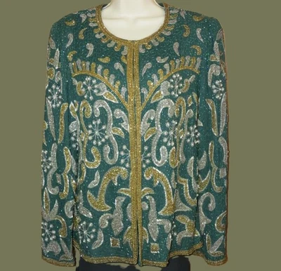 Chaqueta de cóctel Laurence Kazar verde y dorado vintage con cuentas de seda talla XL Foto 1 de 4