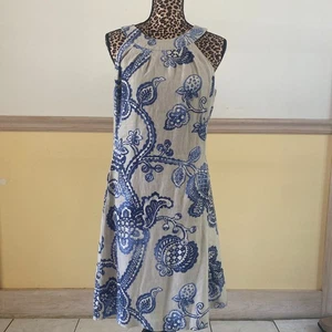 J. McLaughlin Women's Linen Blue Leaf Motif Summer Halter Dress Size Large K15 - Picture 1 of 5