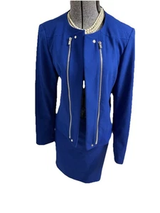 Calvin Klein Skirt Suit Size 8 Two Piece Set Blue Modern Silver Zip Accents CK - Picture 1 of 24