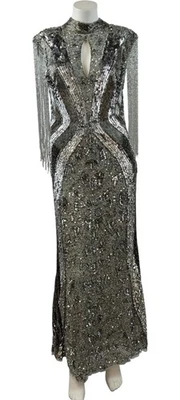 Karen Millen Maxi Dress Beaded Keyhole Neck Petite Formal Silver - Image 1 of 4