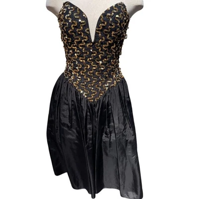 Vestido de Colección Años 80 GUNNE SAX Para Mujer (9) Sin Tirantes Lentejuelas Doradas Negro Cóctel Baile de graduación EE. UU. Foto 1 de 4