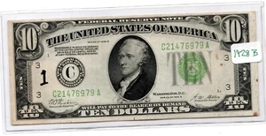 BILLETE DE 10 DÓLARES DE LA RESERVA FEDERAL SELLO VERDE 1928B S/N C21476979 MUY BUENOS POCOS LUGARES - Imagen 1 de 6