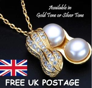 PEANUT & PEARL PENDANT NECKLACE WITH 2 FAUX PEARLS (IN GOLDTONE OR SILVERTONE) - Picture 1 of 5