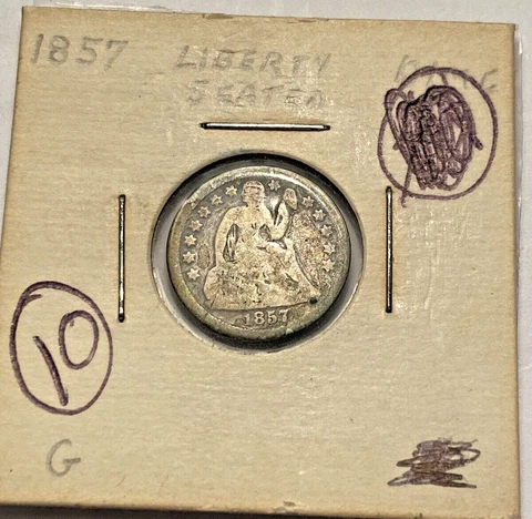 1857 Seated Liberty Dime -Deeply Toned G/VG Cover