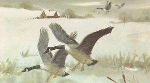 Vintage Weihnachtskarte Wildgänse Bauernhaus Schnee unbenutzt Hawthorne Sommerfield - Bild 1 von 3