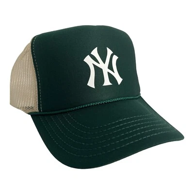 纽约 纽约 纽约 绿色 奶油 TAN 帽子 5 面板 高冠 卡车司机 SNAPBACK 复古 — 第 1/4 张图片