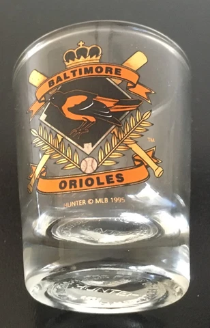 Baltimore Orioles Shot Glass Hunter 1995 USA 2-1/4 X2-7/8 dia top X 1-3/4 botm Cover