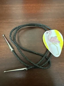 Vintage Western Cowboy Wear Signed Glass Flamingo Bola Bolo Tie Pink Yellow - Picture 1 of 3