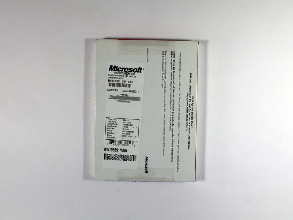 Microsoft Windows 2008 Web Server R2 SB Full Version, German, SKU: LWA-01079 - Image 1 of 1
